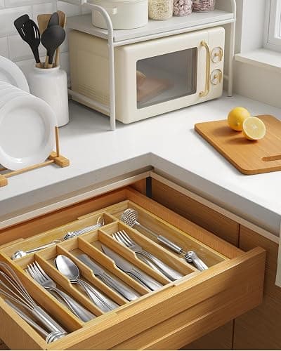 Kitsure Silverware Organizer - Expandable Bamboo Kitchen Drawer Organizer, Adjustable Cutlery Tray for Kitchen Storage & Organisation, 33.6 x 4.5 x 29.0-47.0 cm thumbnail 2