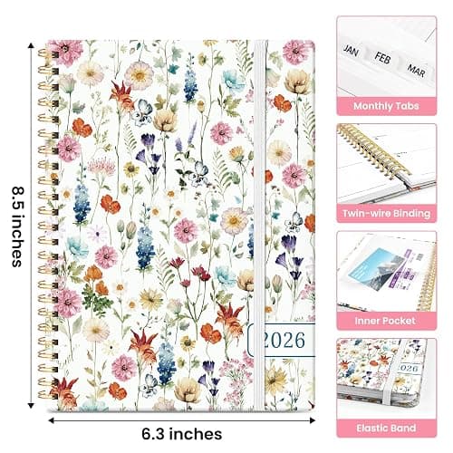Taja Planner Jan 2026 - Dec 2026, Hardcover Weekly & Monthly Calendar Planner/Planning Agenda Book for Women with Tabs & Inner Pocket, Spiral Bound for School/Office Supplies, Wildflowers, 6.3" x 8.5" thumbnail 3