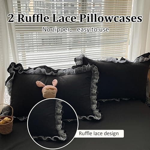 Black Ruffle Duvet Cover Sets 3 Pieces Lace Bedding Set with 2 Pillowcases Double Soft Breathable Microfiber Duvet Cover 200 x 200 cm thumbnail 5