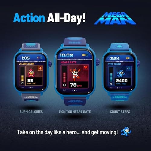 My Play Watch Mega Man Retro Gaming Smartwatch, Built from Mega Man™ 2 | Classic & Arcade Modes, No Wi-Fi or Bluetooth, Heart and Calories Tracking, Digital Watch, All Day Fitness, Includes 2 Bands thumbnail 4