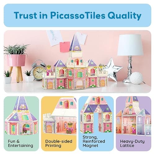 PicassoTiles 60pc Magnetic Tile Princess Castle Building Set with Double Sided Printed Tiles 2 Character Figures STEM Educational Toy Kit for Kids Pretend Play Montessori Learning Ages 3 to 8 PTQ04 thumbnail 9