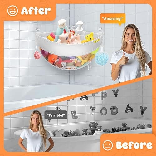 Bath Toy Storage Corner Wall Mounted, 4.32 Gallons Bath Toy Holder, Bottom Zipper Mesh Bathtub Toys Storage Organizer Bag, Quick Access Baby Shower Caddy Quick Dry Bathtub Toys Holder Accessory thumbnail 3