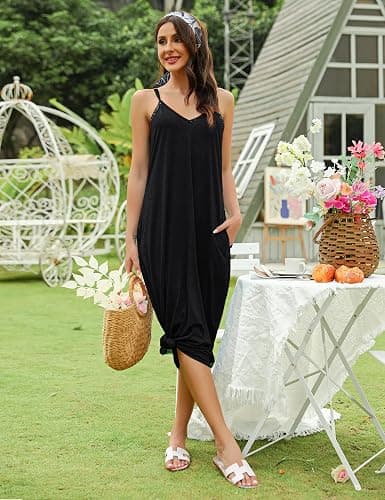 Marvmys Womens Cotton Long Nightgowns Spaghetti Strap V Neck Full Slip Sleep Shirts with Pockets thumbnail 7