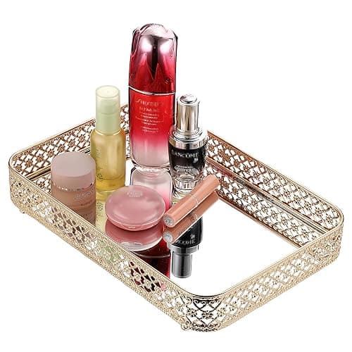 ELLDOO Perfume & Makeup Vanity Tray - Hollow-Carved Jewelry Storage, Glass & Metal Trinket Organizer for Dresser & Bathroom Countertop, Gold, Medium Size thumbnail 8