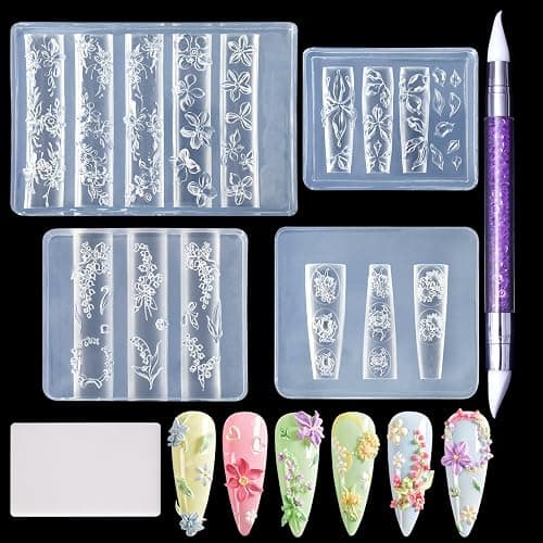 Laza 4pcs 3D Silicone Nail Art Molds Multiple Flower Shapes Nail Molds | Reusable Nail Molds for Nail Art, Good Elasticity, Acrylic 3D Spring Summer Flower Nail Charms Molds with Scraper & Pen - Image 1