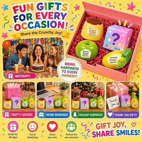 4PC Crunchy Squishy Pack,Sensory Stress Relief Squeeze Squishy Fidget Toys | Crunchy Mango, Pudding & Slushy Apple Squishy Toys with Mystery Squishy Box, ASMR Fidget Set for Adults, Party & Office Desk thumbnail 5