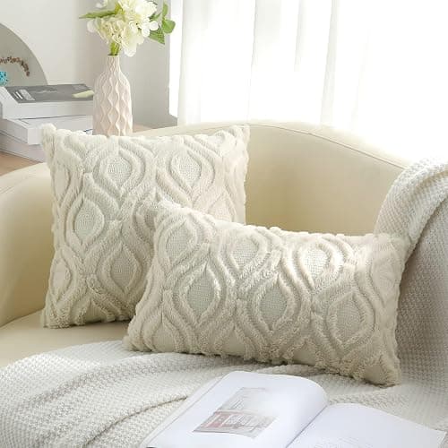 decorUhome Set of 2 Faux Fur Cushion Covers 45x45 cm, Decorative Soft Plush Fluffy Velvet Cushion Cover 18X18 Inch,Square Boho Neutral Pillow case for Sofa, Beige thumbnail 9