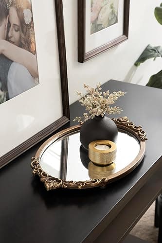 Kate and Laurel Arendahl Vintage Oval Mirrored Decorative Tray; 17 x 10; Antique Gold; Traditional Ottoman Tray for Living Room Home Decor with Ornate Detailing thumbnail 2