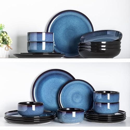 LeRatio Ceramic Dinnerware Sets for 6,Porcelain Plates and Bowls Sets,Handmade Reactive Glaze Dishes Set,Chip Resistant and Scratch Resistant | Oven&Dishwasher & Microwave Safe-Blue(18PCS) thumbnail 7