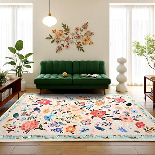Terrug Floral Large Area Rug for Living Room, 6x9 Beige Washable Rug Boho Ultra-Thin Carpet, Soft Non Slip Stain Resistant Vintage Rug for Living Room, Bedroom, Dorm, Dining Room, Office thumbnail 4