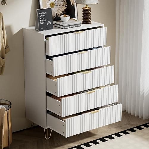 Furniway White Dresser for Bedroom, Fluted Modern Dresser with Gold Pulls and 5 Drawers, 15.7" D x 31.5" W x 47.2" H thumbnail 6