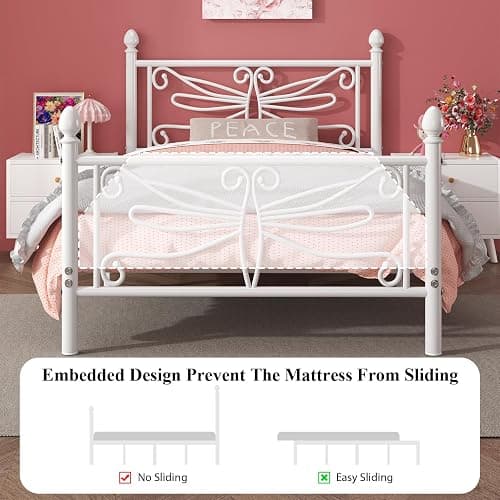 E-Ser Twin Size Bed Frame, Metal Platform Bed Frame with Dragonfly Pattern Headboard and Footboard, Strong Metal Slats Support, No Box Spring Needed, Easy Assembly, Noise-Free, White thumbnail 6