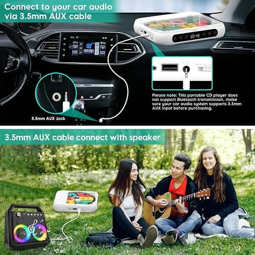 Portable CD Player with Bluetooth, Rechargeable CD Player for Home/Car, Built-in HiFi Speakers, Headphones, LCD Screen, Supports CD/AUX/USB and Repeat Modes, White thumbnail 4