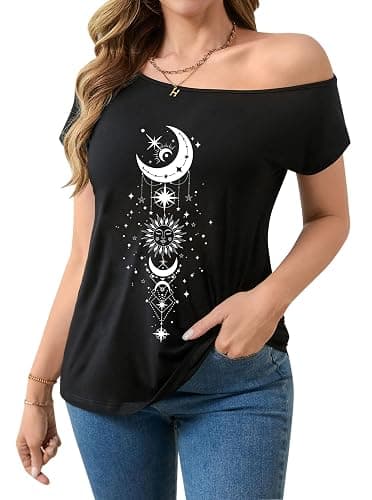 Remidoo Off The Shoulder Tops for Women Graphic Asymmetrical Gothic Shirt | Goth, Witchy clothes, Short Sleeve, Off Shoulder Tshirt, Loose Fit, Sexy, Hippie, Punk, Band, Rock, Concert, Summer, Vintage thumbnail 3