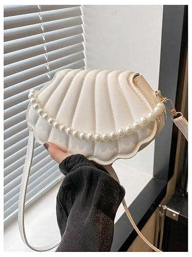 MakeMeChic Women's Seashell Shape Pearl Croccbody Handbag Leather Flap Adjustable Strap Shoulder Bag thumbnail 4