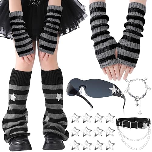 JATEBI Y2k Striped Leg Warmers Arm Warmers for Girls Women Leg Socks Arm Sleeve Y2K Sunglasses Star Hair Clips Goth Lolita Grunge Accessories - Image 1