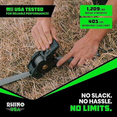 Rhino USA Retractable Ratchet Straps (4-Pack) - 1 Inch x 10 Feet (1,209lb Break Strength) - Auto Self Retracting Tie Down Straps for Truck, Cargo Trailer, Motorcycle, ATV, UTV - Gray thumbnail 7