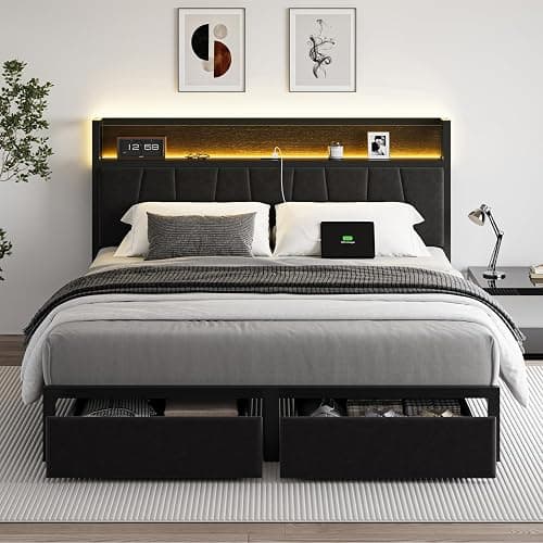 CIKUNASI Queen Size Bed Frame with Headboard and Storage Drawers Platform Bed Frame with Storage Chargin Station LED Light Bedframe Heavy Duty No Box Spring Needed - Image 1