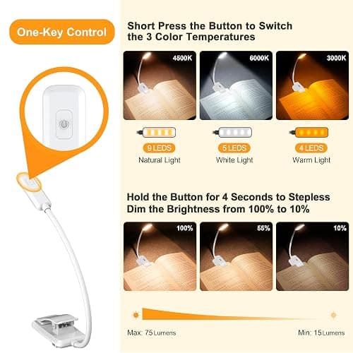 Gritin 9 LED Rechargeable Book Light for Reading in Bed -Eye Caring 3 Color Temperatures,Stepless Dimming Brightness,80 Hrs Runtime Small Lightweight Clip On Book Reading Light for Studying-White thumbnail 3