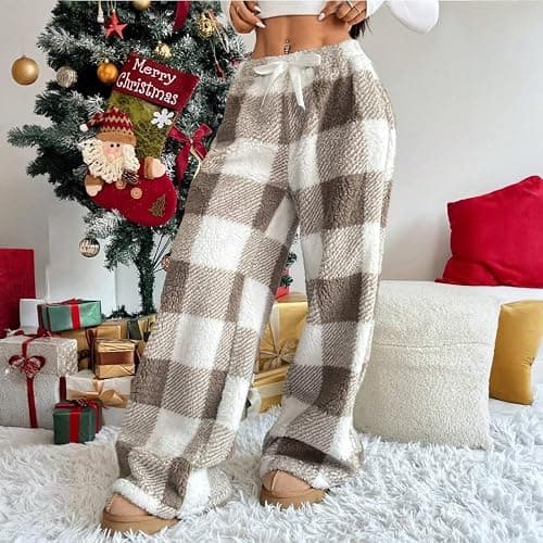 Pajama Pants Womens Fuzzy Plaid Pants Elastic Waist Wide Leg Fleece Bottoms Winter Soft Comfortable Lounge Pants thumbnail 5