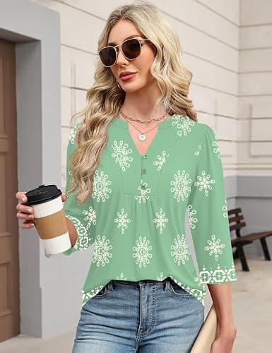 IECCP 3/4 Length Sleeve Womens Tops Dressy Casual Henley V-Neck Summer Tops | Business Casual Outfits,Cute Pleated T-Shirts,Loose Fit Tunics,Soft Lightweight Basic Tees,Work Blouses,2026 Fashion Clothes thumbnail 3