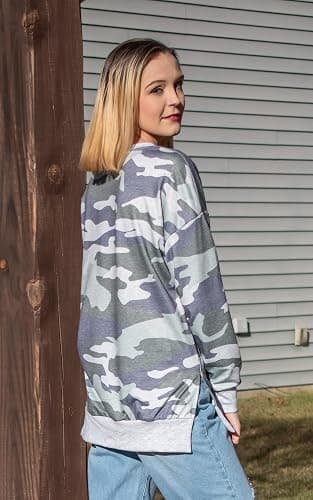 ECOWISH Women Side Split Sweatshirt: Fall Crewneck Long Sleeve Oversized Camo Shirts Casual Camouflage Print Pullover Tops thumbnail 4