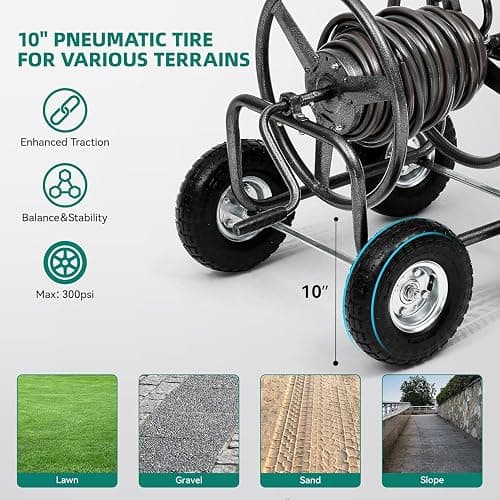 Autodaya 250FT Garden Hose Reel Cart with 10" Pneumatic Tires, Heavy-Duty Steel Frame for Tangle-Free Water Hose Storage, Easy-Rolling Lawn & Yard Hose Holder thumbnail 5