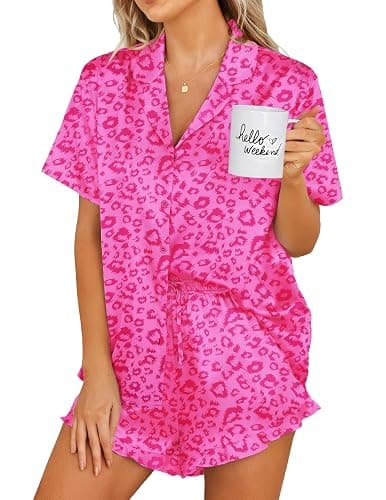 Ekouaer Womens Satin Pajamas Set Button Down 2 Piece Silk Pjs Shorts Set Ruffle Lingerie Notch Collar Sleepwear | 2 Piece Satin Pjs Shorts Set, Ruffle, Notch Collar, for Sleep,Lounge,Wedding,Bridal Party - Image 1