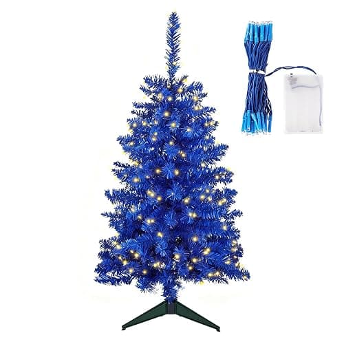 JPM Mini 3FT Blue Artificial Christmas Tree for Tabletop, 50 LED Lights, 164 Branch Tips, Foldable Metal Base & Easy Assembly, Holiday Decor for Home, Office, Apartment - Image 1
