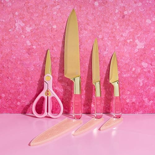 Paris Hilton Stainless Steel Knife Set with Jewel Shaped Handles and Gold Blades, Iconic Cutlery Set, 4-Piece, Pink thumbnail 8