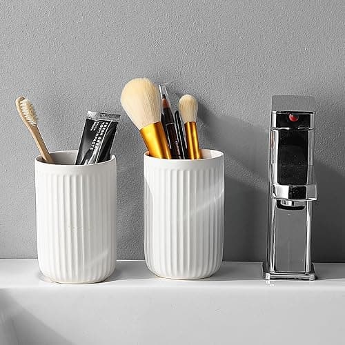 White Toothbrush Holders for Bathrooms - 2 Cups Ceramic Toothbrush Toothpaste Holders Set, White Bathroom Tumbler Cups Reusable Toothbrush Mouthwash Cup, Bathroom Counter Organizer. - Warm White - 2pcs thumbnail 7