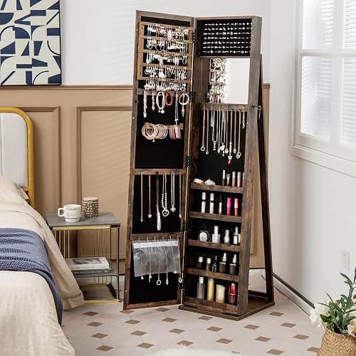 CHARMAID Jewelry Armoire with Full Length Mirror, Lockable Standing Jewelry Cabinet Organizer with Large Storage Capacity, Inside Makeup Mirror, Stable Base, Easy Assembly (Rustic Brown) thumbnail 3