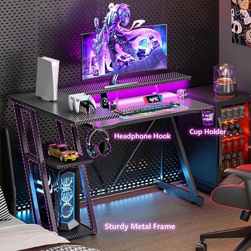 Korfile 40 Inch Gaming Desk with Power Outlet & LED Lights, L Shaped Computer Gaming Table with 3 Tiers Storage Shelves, Corner Gamer Desk with Monitor Stand for Small Space, Carbon Fiber Black | L Shaped Computer Gaming Table, Corner Gamer Table, with 3 Tiers Storage Shelves, with Moniter Stand, for Small Space thumbnail 6