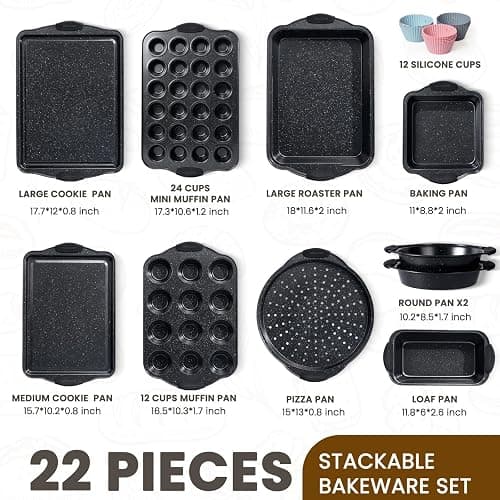 Kikcoin 22 PCS Nonstick Baking Pans Set, Stackable Bakeware Sets with Silicone Handles, 450°F Oven Safe Baking Sheet set, Easy Release Cookie Sheets for Baking, Black thumbnail 2