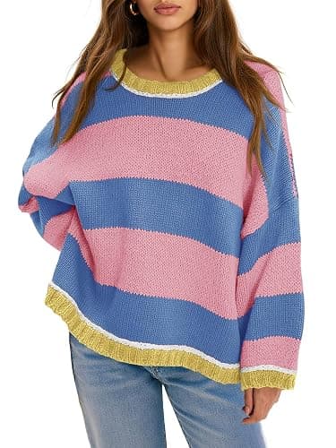 Fisoew Womens Oversized Sweaters Casual Long Sleeve Striped Color Block Crewneck Knitted Loose Fall Pullover Tops - Image 1