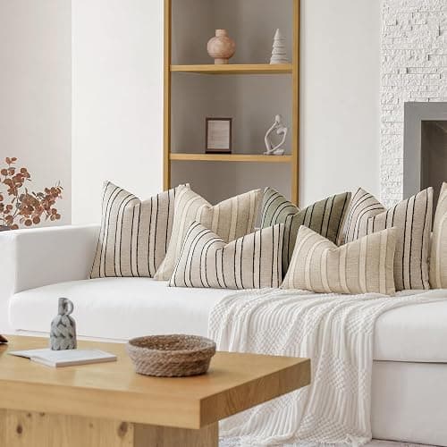 FIOUOVO Striped Linen Throw Pillow Covers 18x18 Set of 2, Beige | Modern Farmhouse Neutral Decorative Accent Woven Textured Cushion Covers for Sofa Couch Living Room Bedroom thumbnail 5