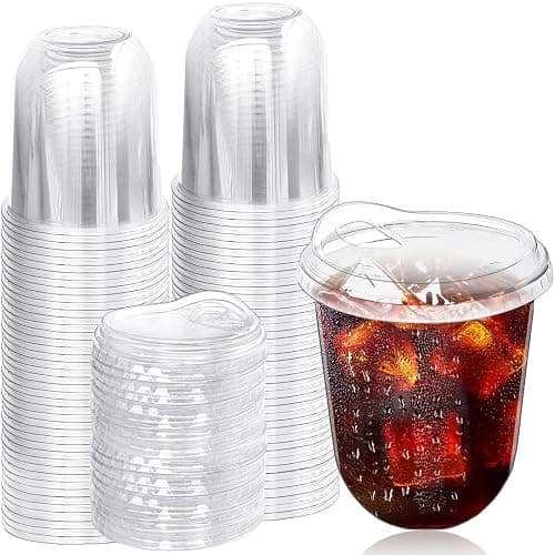 Alaeseje 50 Pack Clear Plastic Cups with Strawless Sip Lids,12 oz Iced Coffee Cups with Lids,Disposable PET Crystal Cups,Round Bottom To Go Cup for Iced Coffee Juice Smoothie Cold Beverage - Image 1