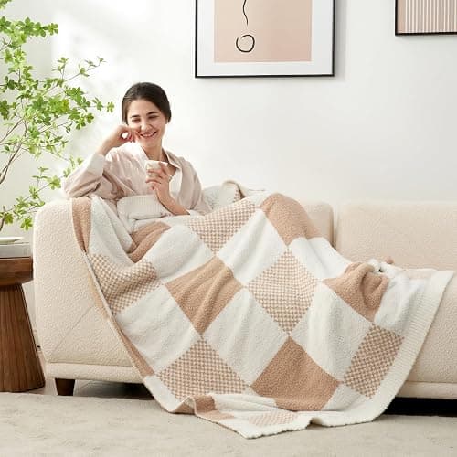 Snuggle Sac Checkered Blanket, Beige Throw Blanket for Couch Plaid Microfiber Fluffy Warm Cozy Fuzzy Soft Throw Blanket Reversible Checkered Blankets for Sofa, Chair, Bed, 50x60 inches thumbnail 3