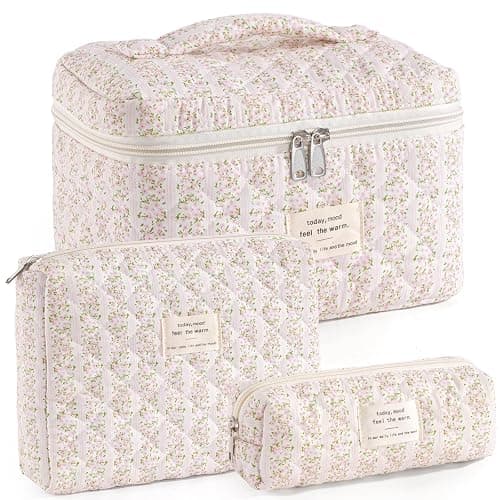 UUYUUY Makeup Bag for Women 3PCS Quilted Cotton Make Up Bag Travel Cosmetic Bag Large Makeup Bag Set Cute Makeups Organizer Floral Toiletry Pouch for Purse, Pink Floral C - Image 1