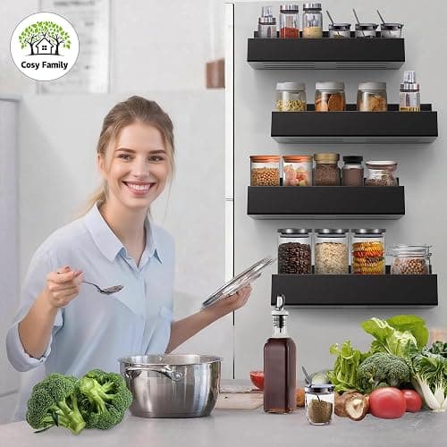Cosy Family 4-Pack Strong Magnetic Metal Spice Rack Organizer for Refrigerator & Oven - Rustproof Black Fridge Shelves with Hooks for Kitchen Storage & Organization thumbnail 3