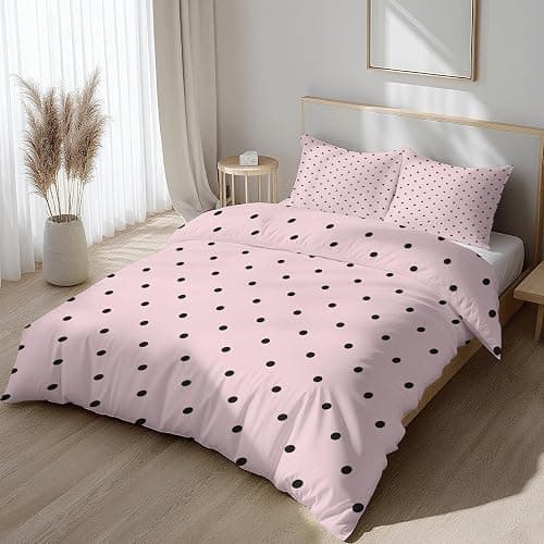 Pink Black Polka Dot Duvet Cover Full 3 pcs, Modern Cute Girly Bedding Set, Super Soft Microfiber, 2 Pillow Sham, Zipper Closure Corner Ties, Polka Dots Decor & Giftsft-3 thumbnail 3