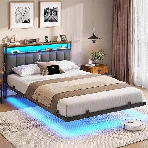 AOGLLATI Cadre de Lit 140x190 avec Multiprise et Éclairage LED, Lit 2 Personnes Flottant avec Tête de Lit Rangement, Sommier en Métal, Structure Stable, Lin Gris Foncé(sans Matelas) - Image 1