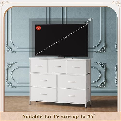 WLIVE 7 Drawer Dresser TV Stand, Dressers for Bedroom, Fabric Storage Tower, Hallway, Entryway, Closets, Sturdy Steel Frame, Wood Top, Easy Pull Handle, White thumbnail 6
