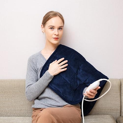 Ambershine 17''x33'' Weighted Heating Pad, 5.2lbs with 12 Temperature Settings & 4 Auto-Off Timers, Pain Relief for Back/Neck/Shoulders/Abdomen/Legs, Christmas Gifts for Mom Dad Women Men(Dark Blue) thumbnail 5