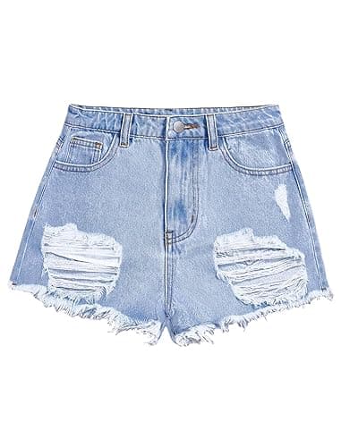oyyniis Girls Jean Shorts Ripped Raw Hem High Waist Cute Summer Y2K Distressed Denim Shorts for Teen Girls 8-14Y - Light Blue-6977 - 10 Years