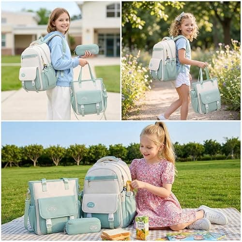Mildame Backpacks for Girls Set, Aesthetic Backpack for Teens, Lightweight Classic Backpack for Kids, 3Pcs Boys Girls Bookbags with Cute Pendant thumbnail 3