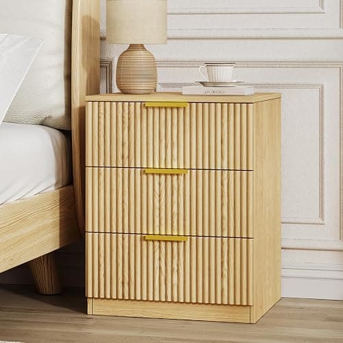 Fluted Night Stand Set of 2, Modern Nightstand with 3 Drawers and Metal Handle, 13.4" D x 15.7" W x 20.1" H, Wooden Bedside Table End Table for Bedroom, Natural thumbnail 8