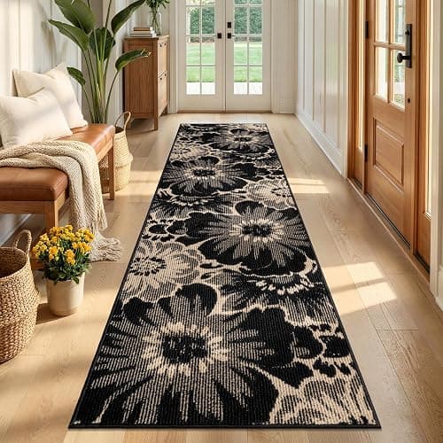 Findosom Hallway Runner Rug 2x8, Non Slip High-Low Textured Floral Washable Runner Rug with Rubber Backing, Boho Carpet Runner for Kitchen, Entryway, Bedroom, Laundry, Black & Beige thumbnail 6