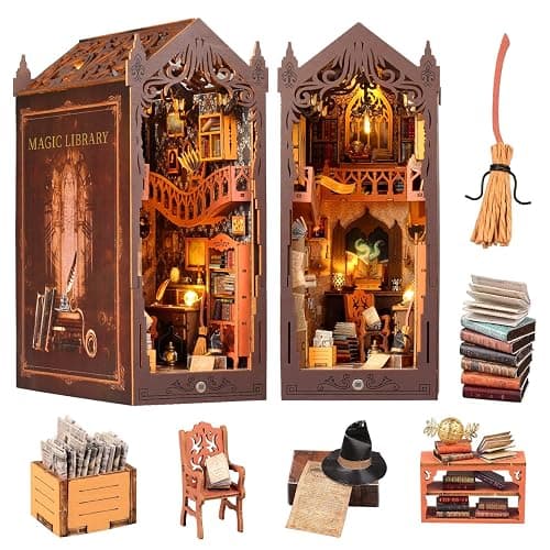 Book Nook Kit, DIY Dollhouse Booknook, Miniature House Kit for Adults and Teens, Library Tiny okshelf Decor, 3D Wooden Puzzle Bookends with Sensor Led Light, Gifts for Family, Friends - Image 1