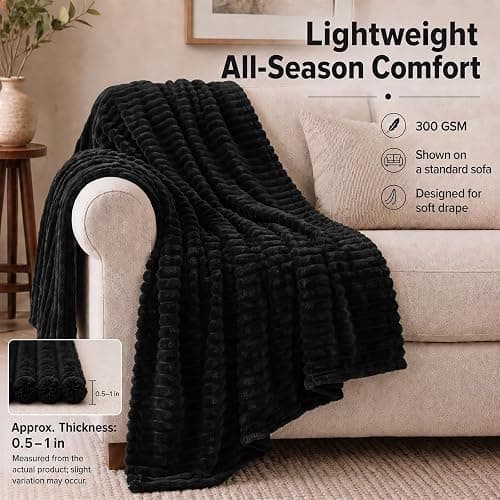 HIMEET Black Twin Blanket for Bed, 300GSM Ribbed Fleece, 60 x 80 Inches | Ultra Soft Flannel, All-Season Lightweight Warmth, Bed Layering Pick & Dorm Essential, Gift for Men & Women, Machine Washable thumbnail 3